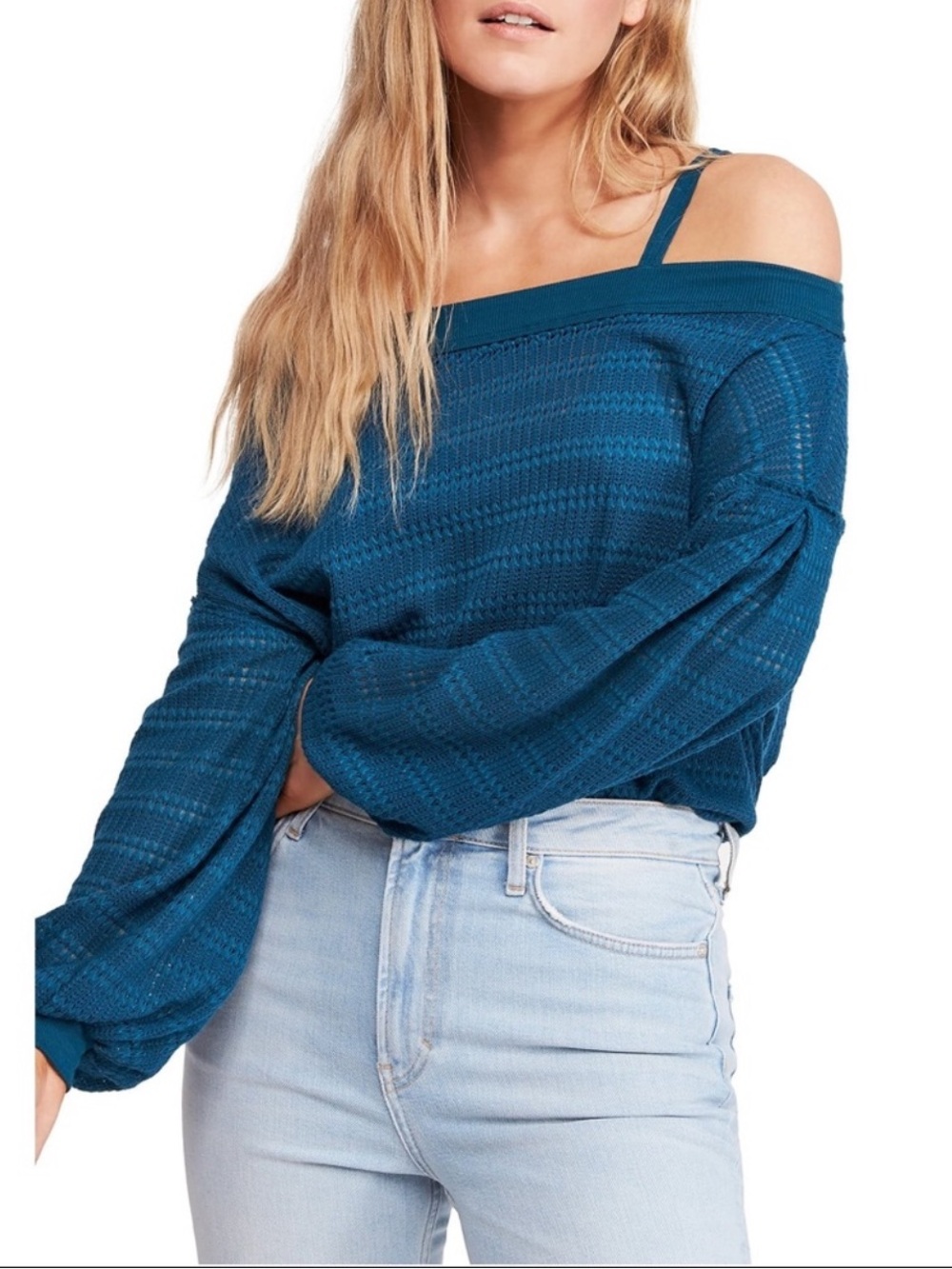 Free People Cold Shoulder Hacci Teal Treasure Sweater Top